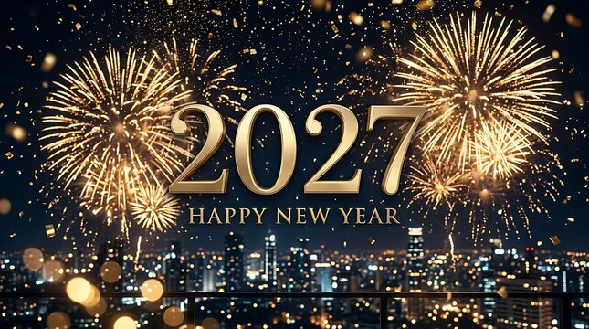 Golden fireworks illuminate dark night sky celebrating new year 2027 over city skyline with confetti falling.