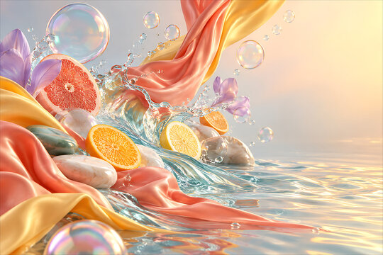 Citrus Splash Serenity: A refreshing cascade of water mingles with vibrant citrus slices and flowing fabric, creating a dreamy, serene composition with delicate bubbles and soft floral accents.