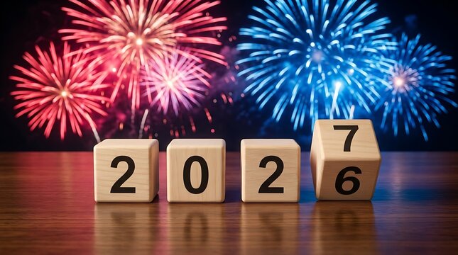 Wooden blocks displaying 2026 transitioning to 2027 with colorful fireworks in background, signifying new year eve and upcoming year celebration.