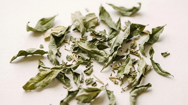 Macro close up of scattered dried green lemon verbena leaves showing their wrinkled texture on a neutral white background.