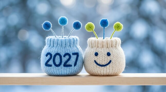 Cute knitted vases with 2027 and smiley face for winter decoration represents happy new year.