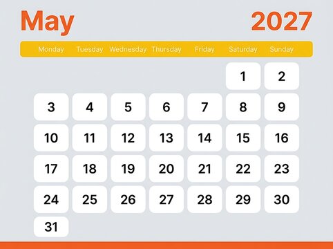 May 2027 calendar shows dates and days of week arranged for monthly planning.