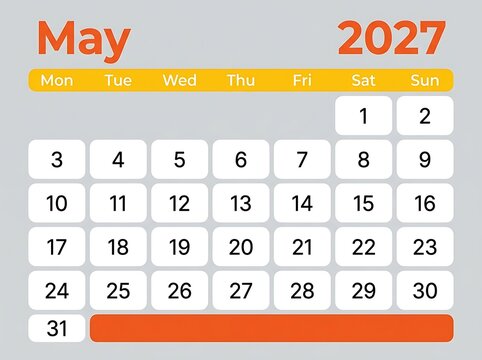 May 2027 calendar dates for monthly planning with organized days of week.