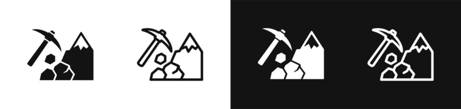 Pickaxe and rocks icon vector set, mining and geology symbols