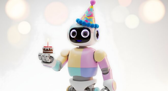 A friendly pastel-colored robot wearing a party hat holds a small birthday cake with a single candle.
