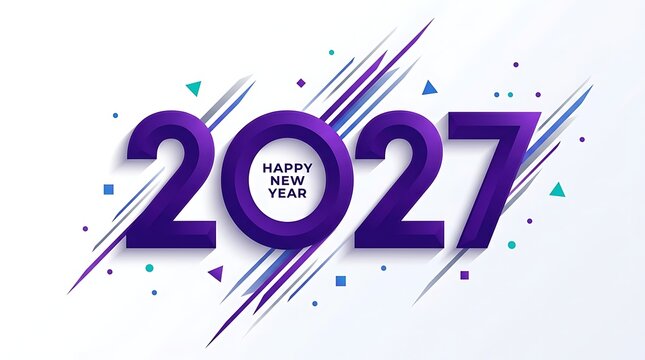 Modern abstract purple graphic art with '2027 Happy New Year' text, celebrating upcoming year with dynamic lines and shapes.
