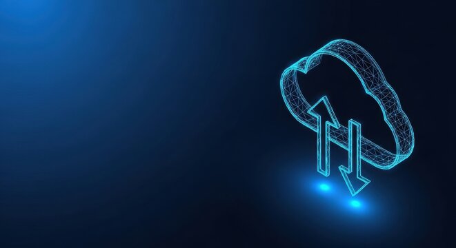 Digital cloud symbol with upload and download arrows in a futuristic network environment