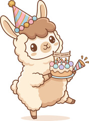 Fototapeta premium Cute Kawaii Alpaca Llama Wearing Party Hat Holding Birthday Cake