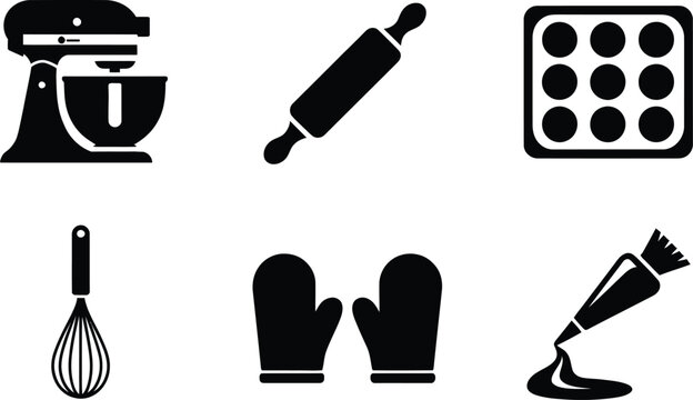 Baking and kitchen tools icon set containing six black glyph style vector elements including mixer rolling pin muffin pan whisk oven mitts piping bag
