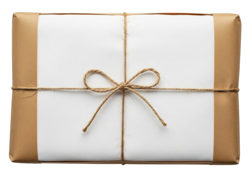 Small gift box wrapped in white paper and brown twine isolated on transparent background