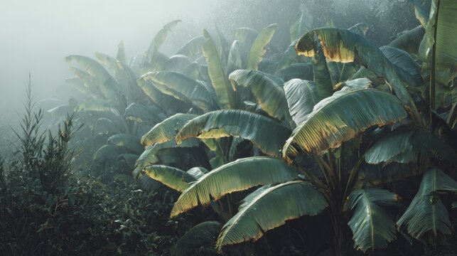 Lush tropical foliage, bathed in soft sunlight and shrouded in mist, creating a serene and evocative atmosphere