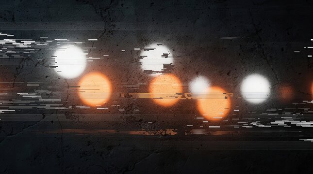 Abstract digital image featuring blurred orange and white bokeh lights with horizontal glitch effects on a dark textured background.