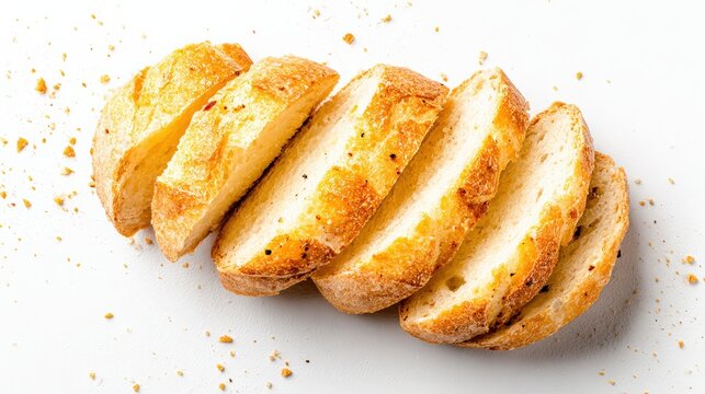 A loaf of crusty bread sliced on a white surface with crumbs scattered around.