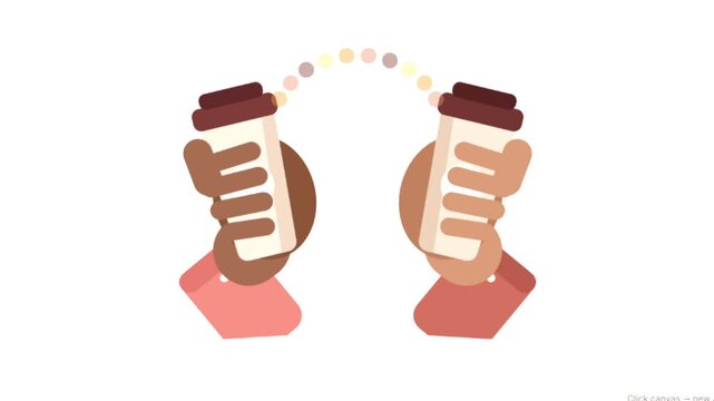 Two hands cheers with takeaway coffee cups flat cartoon animation loop toast celebration motion graphic
