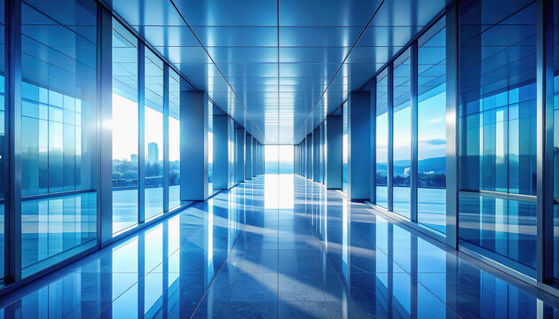 Modern office hallway with floor to ceiling glass walls and city skyline view