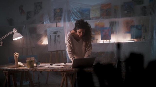 Artist Working Late. Quiet Artist Contemplative Work Surrounded By Tools And Art Materials