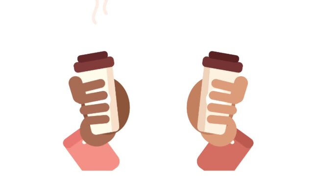 Two hands cheers with takeaway coffee cups flat cartoon animation loop toast celebration motion graphic
