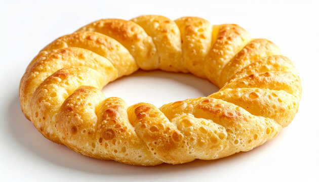 Traditional Nepalese Sel Roti, crispy golden sweet rice bread formed into perfect ring, delicate bubbled texture, isolated on white background, appetizing food.