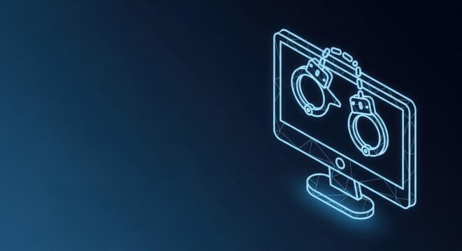 Computer screen displaying digital handcuffs, symbolizing cybercrime and online arrest