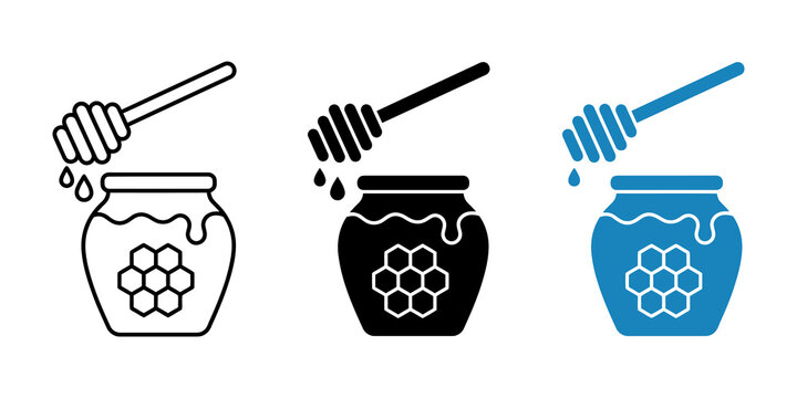 Honey pot and dipper vector icon set, outline black, filled black, and filled blue variations.