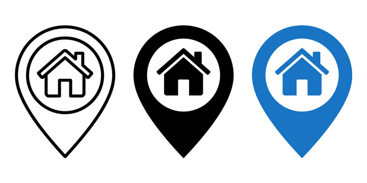 Location pin with house icon in black outline, solid black, and blue for map markers.