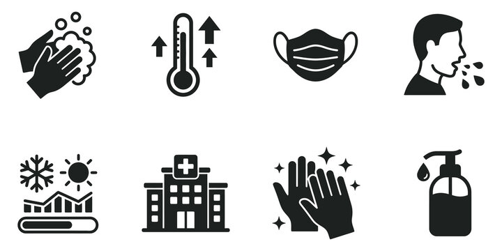 Health and safety icons featuring hygiene and illness prevention.
