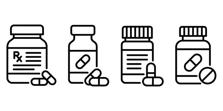 Pill bottles and capsules icons for pharmacy and medication information.