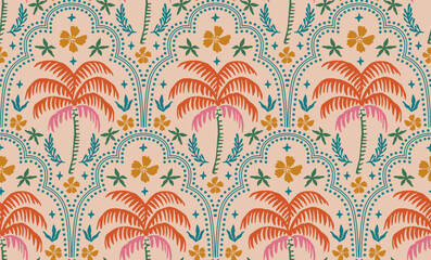 Obraz premium Hand drawn palm tree damask seamless pattern. Hawaiian print, summer holiday background in vintage style. Tropical plant painting. Design for fabric, textile, wallpaper and decoration.