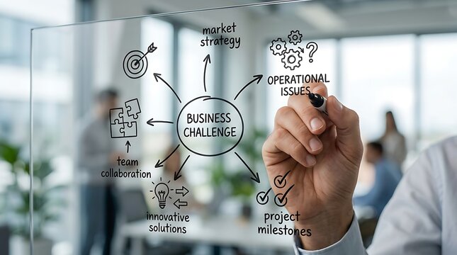 Business professional drawing a business challenge mind map on a glass board in a modern office.