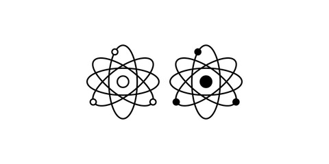 Atom structure icon set with solid and outline designs for science and physics educational materials. © Nimra