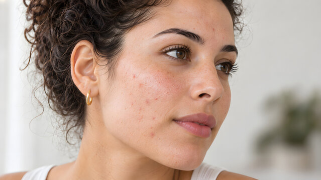 Close-up portrait of a woman with visible acne-prone skin and facial blemishes highlights natural complexion, redness, realistic texture, beauty diversity, and an unretouched appearance.