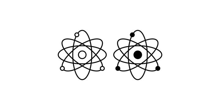 Atom structure icon set with solid and outline designs for science and physics educational materials.