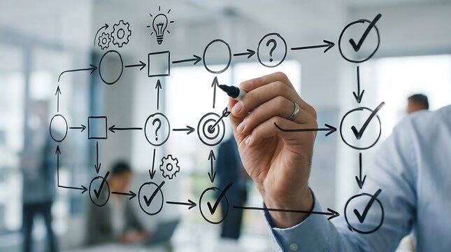 Business professional drawing a complex workflow process diagram on a transparent glass board.