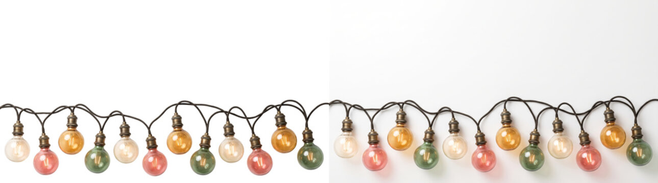 String lights garland with colorful hanging bulbs in a festive swag is PNG isolated on transparent background for commercial graphic design use