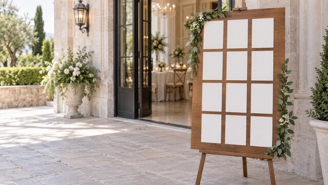 Blank wedding seating chart mockup on wooden easel board with greenery at villa entrance