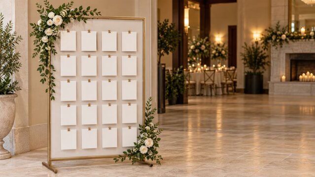 Blank wedding seating chart mockup with gold frame and flowers in luxury ballroom