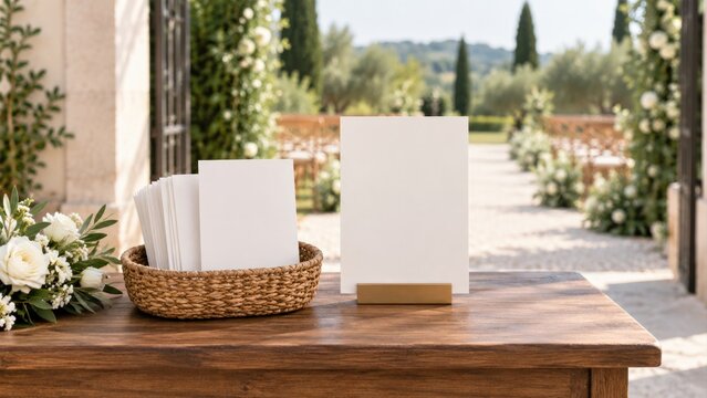 Blank wedding program card mockup with woven basket and flowers on wooden table outdoors