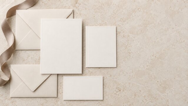 Blank wedding stationery mockup with envelopes blank cards and silk ribbon on beige marble