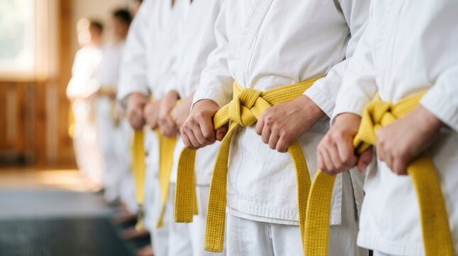 Close up of karate students wearing yellow rank belts.