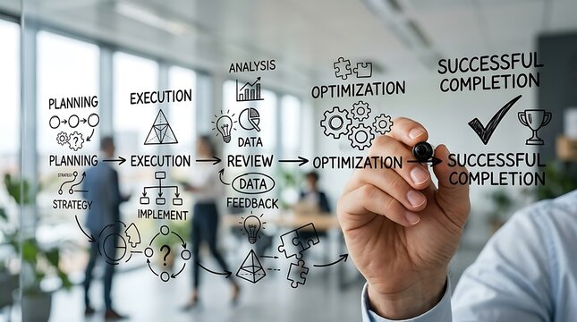 Business professional drawing a project management workflow process on a glass board in office.