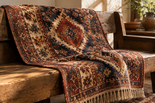 Handwoven Afghan rug with geometric patterns on wooden bench, traditional textile and home decor concept
