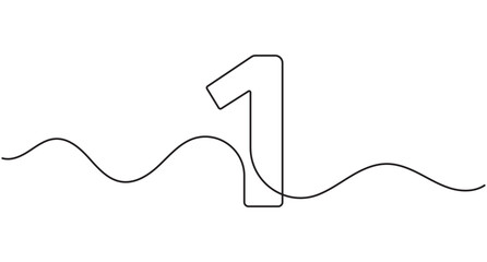 Obraz premium Number one continuous line art, single line design with waves, editable stroke minimal outline vector illustration