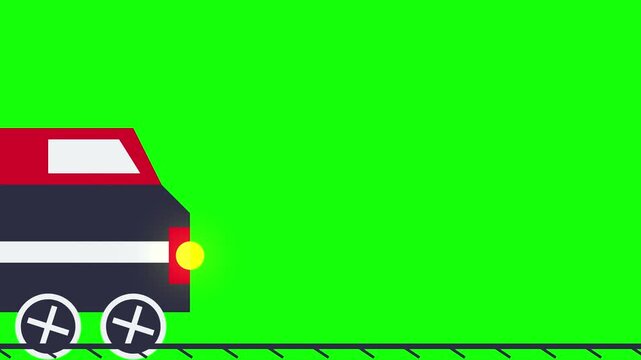 2D flat design animation icon of a locomotive train engine moving on tracks, side profile view with a red cabin and dark body on a green screen background for video editing.