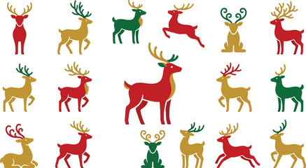 Fototapeta premium Collection of various red green and gold glitter reindeer silhouettes isolated on a white background for christmas design