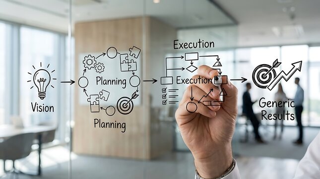 Business professional drawing a strategic workflow process on a glass wall in modern office.