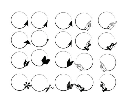 Circular arrow frames and hand pointer icons set for sale banners, web badges, cut coupons, and promotional tags