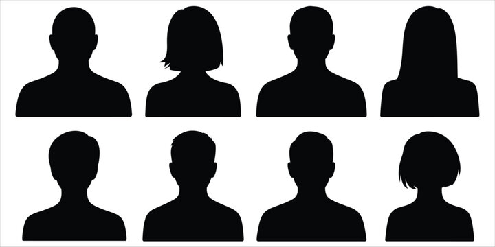 Collection of black human bust silhouettes showing various hairstyles and head shapes, isolated on a white background, for user profile, avatar icons
