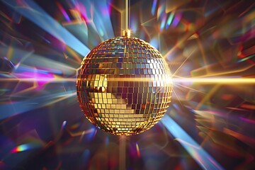 Fototapeta premium A disco ball is suspended from the ceiling at party in nightclub, reflecting the lights and creating a festive atmosphere, AI generated