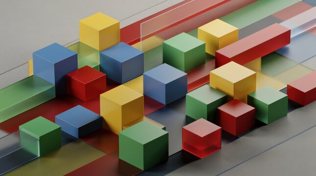 Colorful 3D cubes and rectangular prisms arranged in a geometric pattern on a reflective surface.
