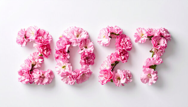 Beautiful pink flowers arranged into number 2027, minimalist white background, seasonal celebration aesthetic. Close-up.